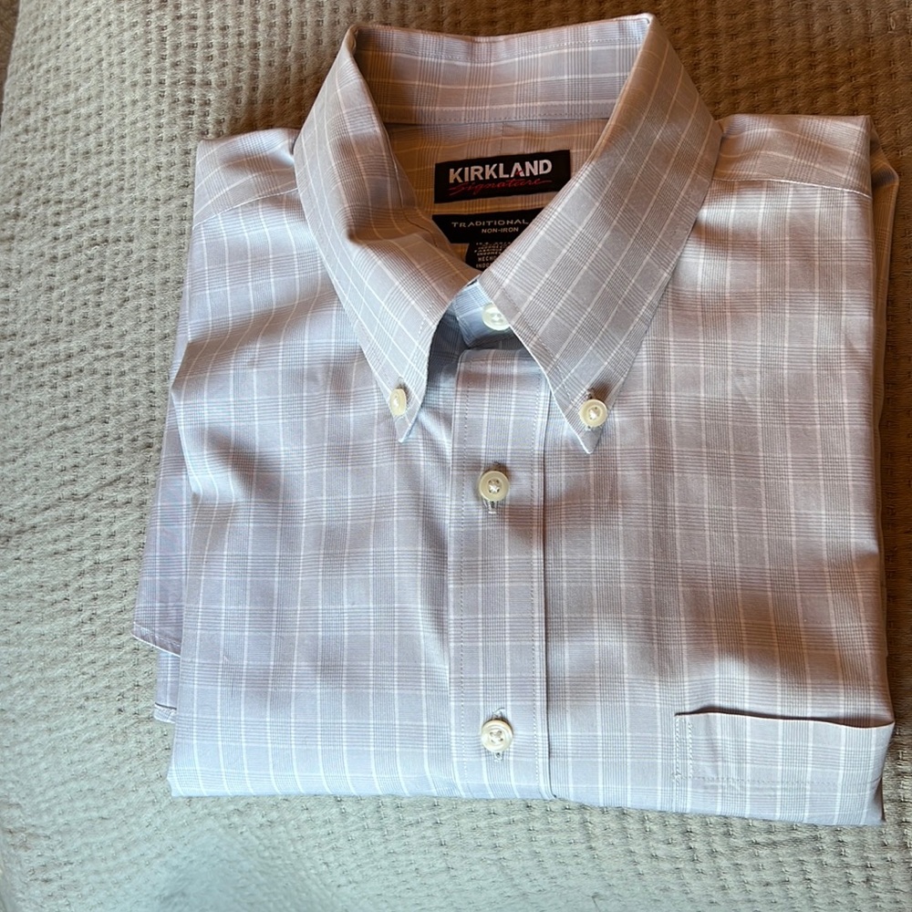 Kirkland Signature Soft Gray & White Plaid Long Sleeve Dress Shirt